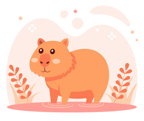 Cute cartoon capybara in water, vector illustration in flat style