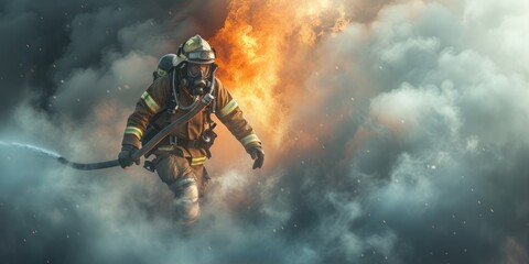 Skilled brave firefighter wearing safety gear and walking at place surrounded with smoke and prepare to put out fire. Portrait of energetic officer wearing protective cloth and survive in fire. AIG42. - Powered by Adobe