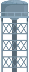 Tall metal water tower standing on a strong metal structure is providing water to a town