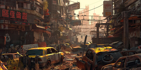 Naklejka premium Scrapyard Sanctuary: The City Built from Junk - A bustling cityscape of salvaged scrap and discarded materials, where survivors have built a thriving community