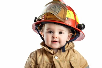 A baby wearing a firefighter helmet and uniform