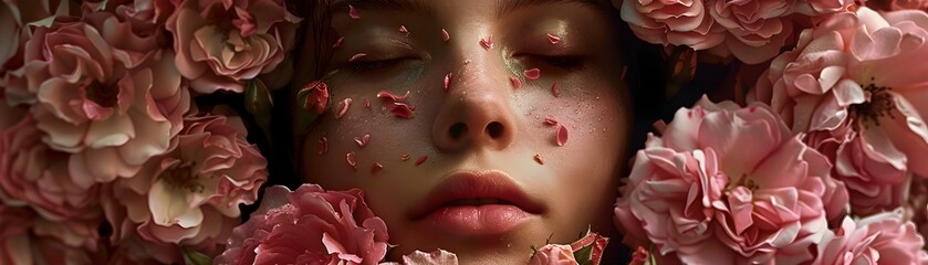 Fototapeta premium A Serene Face Emerging from a Bed of Delicate Roses Under Soft Morning Light
