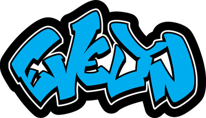 EVELYN Graffiti Name, street art urban wall tag style font, sticker, label, print, stencil, cut file, cool dope hand drawn writing, girl, dj sign logo, doodle, clear transparent background PNG, blue © Asta