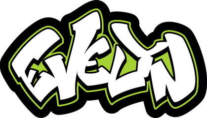 EVELYN Graffiti Name, street art urban wall tag style font, sticker, label, print, stencil, cut file, cool dope hand drawn writing, girl, dj sign logo, doodle, clear transparent background PNG, green
