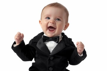 A baby wearing a tiny tuxedo onesie