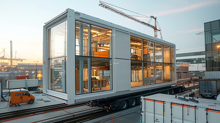 The modular house is transported by trailer. Modern approaches to designing and building housing