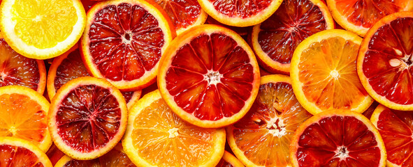 Many slices of juicy blood orange fruits as background