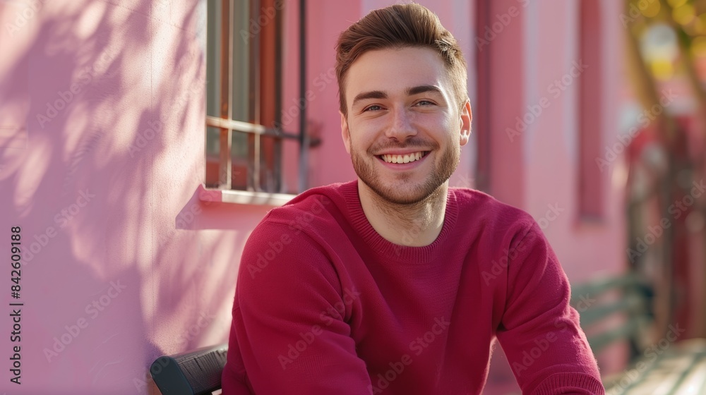 Sticker man smiling in a red sweater against a pink wall. generative ai.