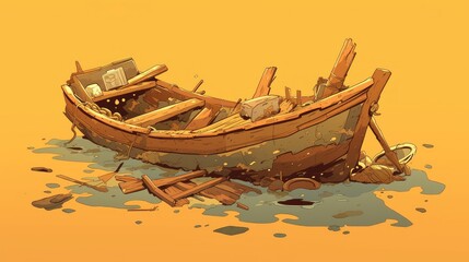 Illustration of a shipwreck icon in a cartoon 2d style showcasing an old broken boat