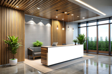 Fototapeta premium White mockup. Corporate and modern business office background for identity logo branding at reception banner in contemporary design.