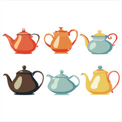 Collection colorful teapots various designs. Features include handles, spouts, lids, decorative elements such stripes spots