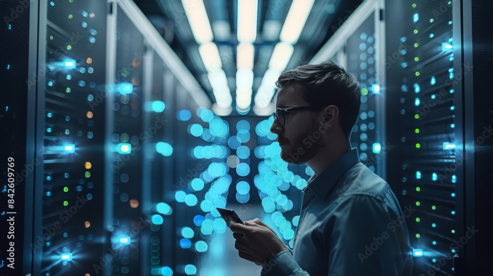 Fototapete a professional man using cloud services, showcasing security, storage, and computing, in a modern te