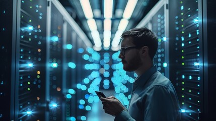 A professional man using Cloud Services, showcasing security, storage, and computing, in a modern tech environment, high-resolution. Generative AI.