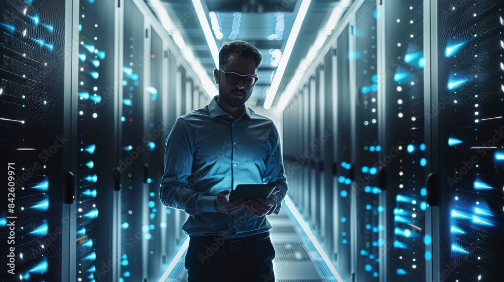 Fototapete a professional man using cloud services, showcasing security, storage, and computing, in a modern te