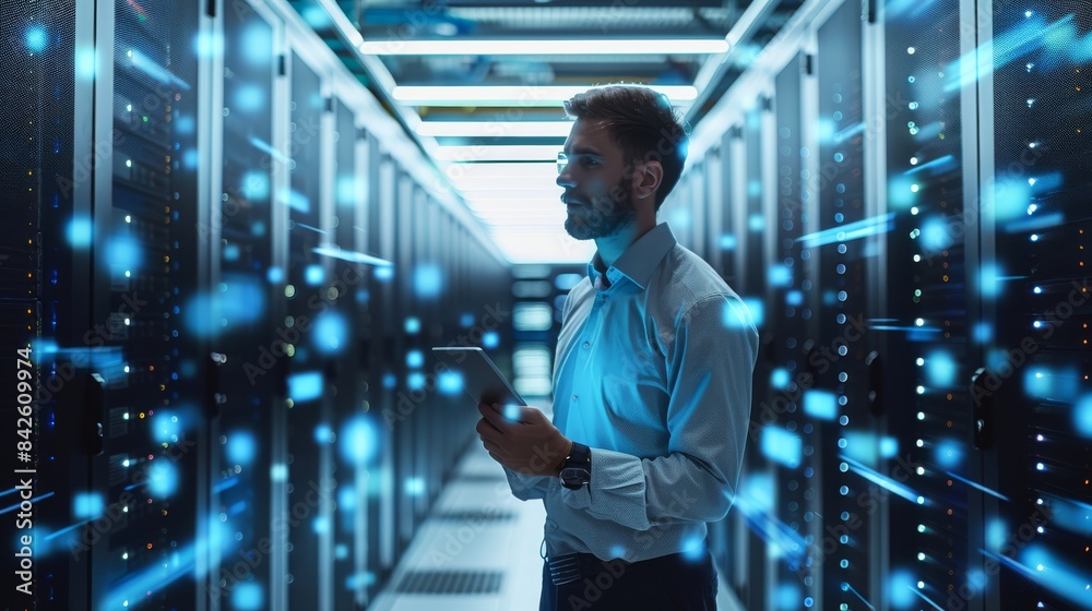 Aufkleber a professional man using cloud services, showcasing security, storage, and computing, in a modern te