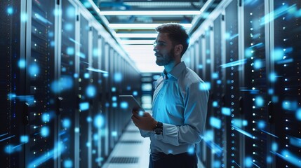 Fototapeta premium A professional man using Cloud Services, showcasing security, storage, and computing, in a modern tech environment, high-resolution. Generative AI.