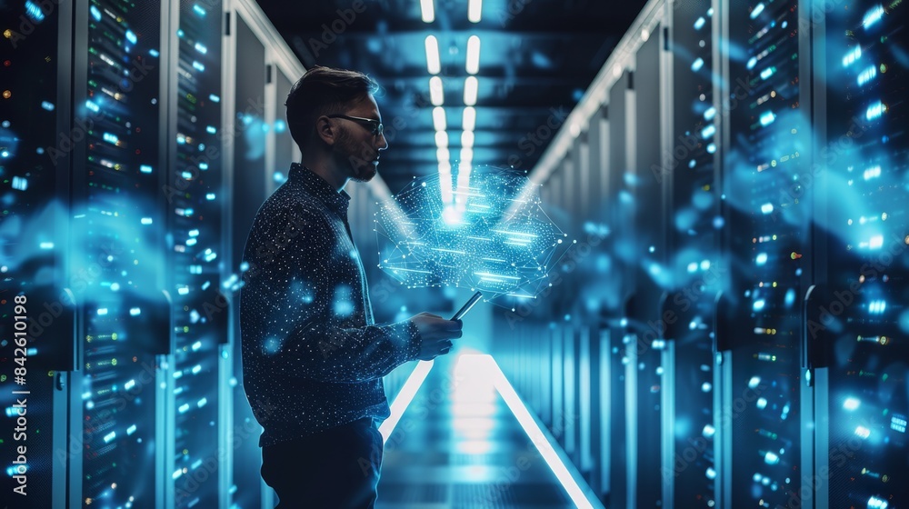 Leinwandbilder a professional man using cloud services, showcasing security, storage, and computing, in a modern te