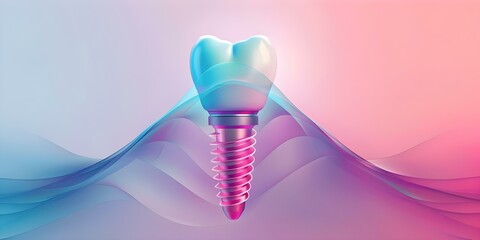 A colorful neon dental implant installation with abutment and artificial crown. Concept Dental Implant Installation, Neon Colors, Abutment, Artificial Crown