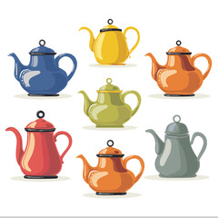Assorted colorful teapots arranged rows columns, featuring different designs colors such blue, yellow, green, red, orange. Vector illustration various styles teapots, classical modern shapes