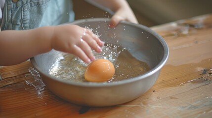 Fototapeta premium Child s hand cracking an egg in a metal bowl