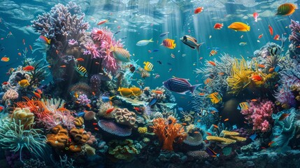 Fototapeta premium A colorful underwater scene with many fish and coral