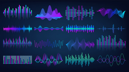 Sound music wave. Bar beat, logo audio, icon frequency pattern. Form mixer line, movement, spectrum voice, dynamic motion waveform equalizer tone. Vector isolated on black background abstract gradient