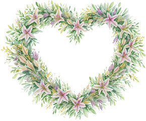 Obraz premium Watercolor Lily Heart shape, Lily flower wreath laurel. Decoration for weddings, wedding design, wedding invitation, Mother's day card. 