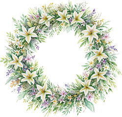 Watercolor Lily, Lily flower wreath laurel. Decoration for weddings, wedding design, wedding invitation, Mother's day card.	
