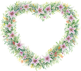 Watercolor Lily Heart shape, Lily flower wreath laurel. Decoration for weddings, wedding design, wedding invitation, Mother's day card.	