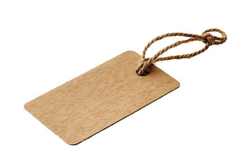 Blank brown paper tag with twine string, isolated on white background.