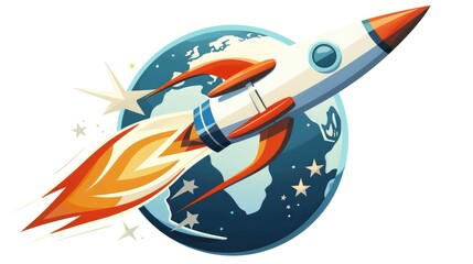 An illustration of a rocket zooming across the globe against a clean white backdrop adds an exciting touch to the design