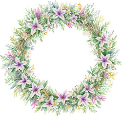 Obraz premium Watercolor Lily, Lily flower wreath laurel. Decoration for weddings, wedding design, wedding invitation, Mother's day card.