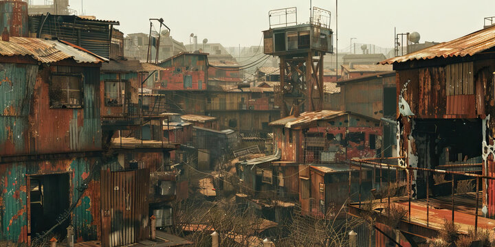 Rustic Refuge: Life in a Scrap City - Life in a city where rusted metal structures and makeshift buildings form the landscape