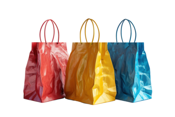 Three colorful shopping bags in red, yellow, and blue,  isolated on white background.