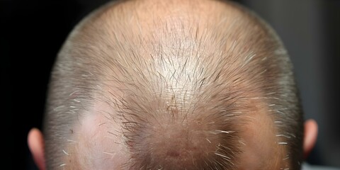 Naklejka premium Before and after photos of mans baldness treatment without HR involvement. Concept Hair Restoration, Transformation, Hair Regrowth, Non-Invasive Procedure, Confidence Boost