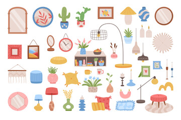 Home decoration. House interior. Room hygge design. Picture or mirror frame. Plant in pot. Flowers vase. Cartoon flat bookcase. Modern lamp. Cozy pillows. Vector garish apartment decor elements set