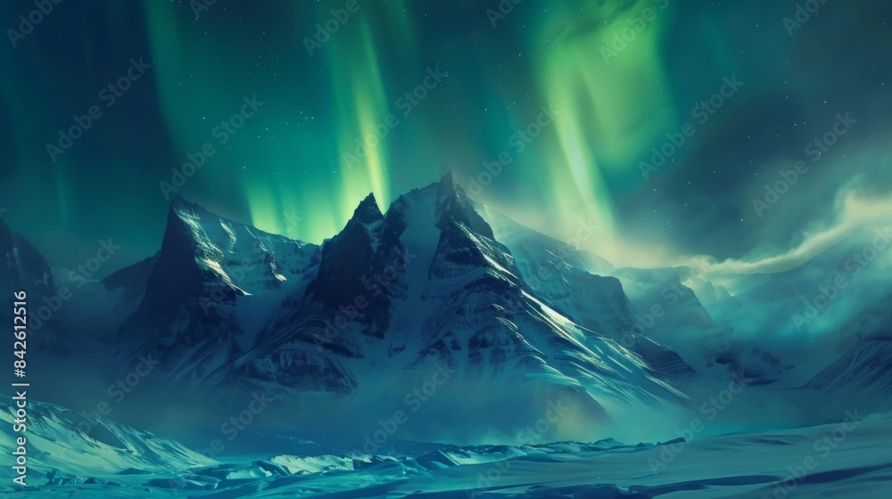 Poster a snow-covered mountain range silhouetted against the glowing aurora borealis, creating a dramatic a