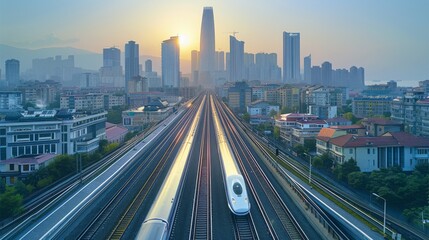 Fototapeta premium A high-speed rail passing across city. against a blue sky. Aerial high view. Generative AI.