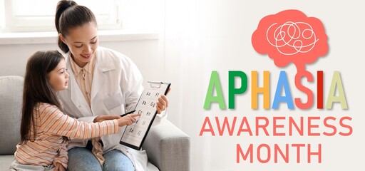 Banner for Aphasia Awareness Month with therapist working with little girl