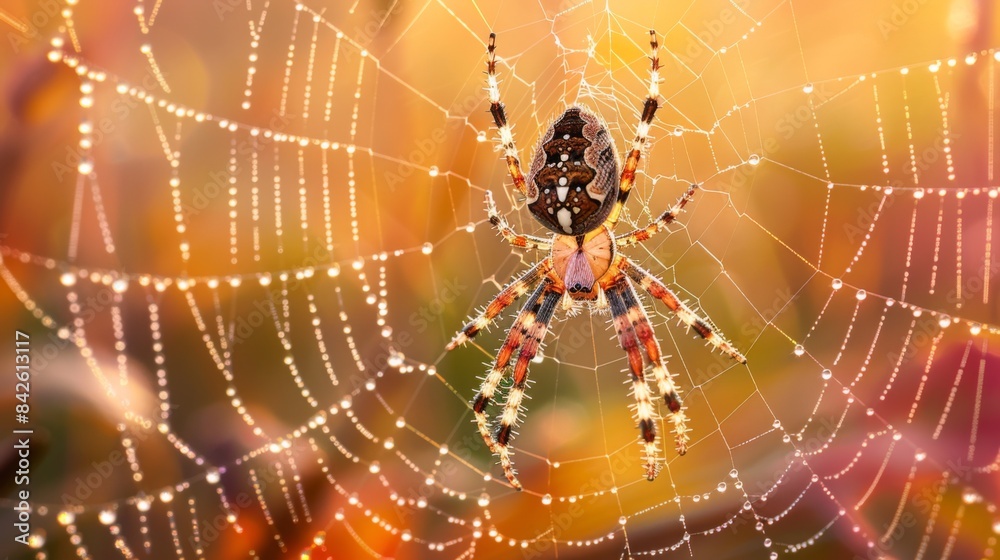 Poster a spider weaving its web in the early morning light, with dew drops highlighting the silk threads.