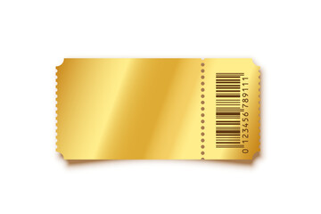 Golden ticket. Gold vector coupon, sticker or discount tag mockup isolated on white background. Cinema, theater, concert, party, event, festival invitation entrance