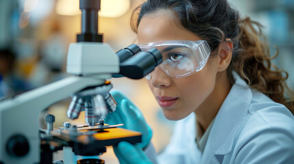 A female scientist looks through a microscope. A female lab assistant working at a desk.