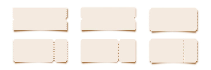 Cinema tickets. Theater coupon realistic vector templates. Discount voucher mockups. Train, movie, raffle, carnival blank ticket with text space. Concert, event, festival admit layouts