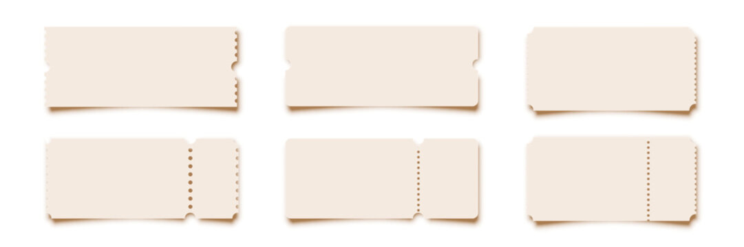 Cinema tickets. Theater coupon realistic vector templates. Discount voucher mockups. Train, movie, raffle, carnival blank ticket with text space. Concert, event, festival admit layouts