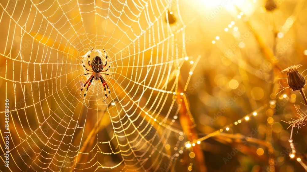 Poster a spider weaving its web in the early morning light, with dew drops highlighting the silk threads.