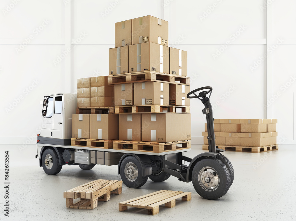 Poster a hand truck with boxes on it is next to the pallet with an illustration of mail in envelopes, on wh