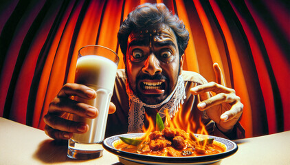 A man reacting dramatically to a very spicy curry, holding a glass of milk while sweating, Wide Angle Shot.