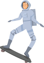 Astronaut riding longboard in outer space, space tourist having fun in weightlessness, extreme sport in space exploration mission