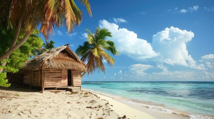 Fototapeta premium Beachfront straw hut during the springtime