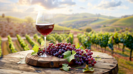 Red wine and grapes on a vineyard table